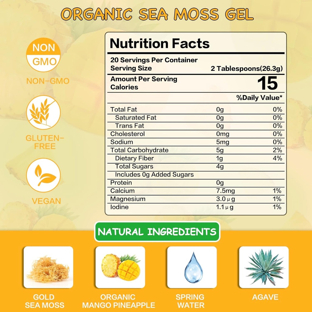 Sea Moss Gel,Irish Sea Moss Raw Organic,Sea Moss Supplement Advanced for Immune & Metabolism Support(Mango Pineapple,18.5OZ) 3