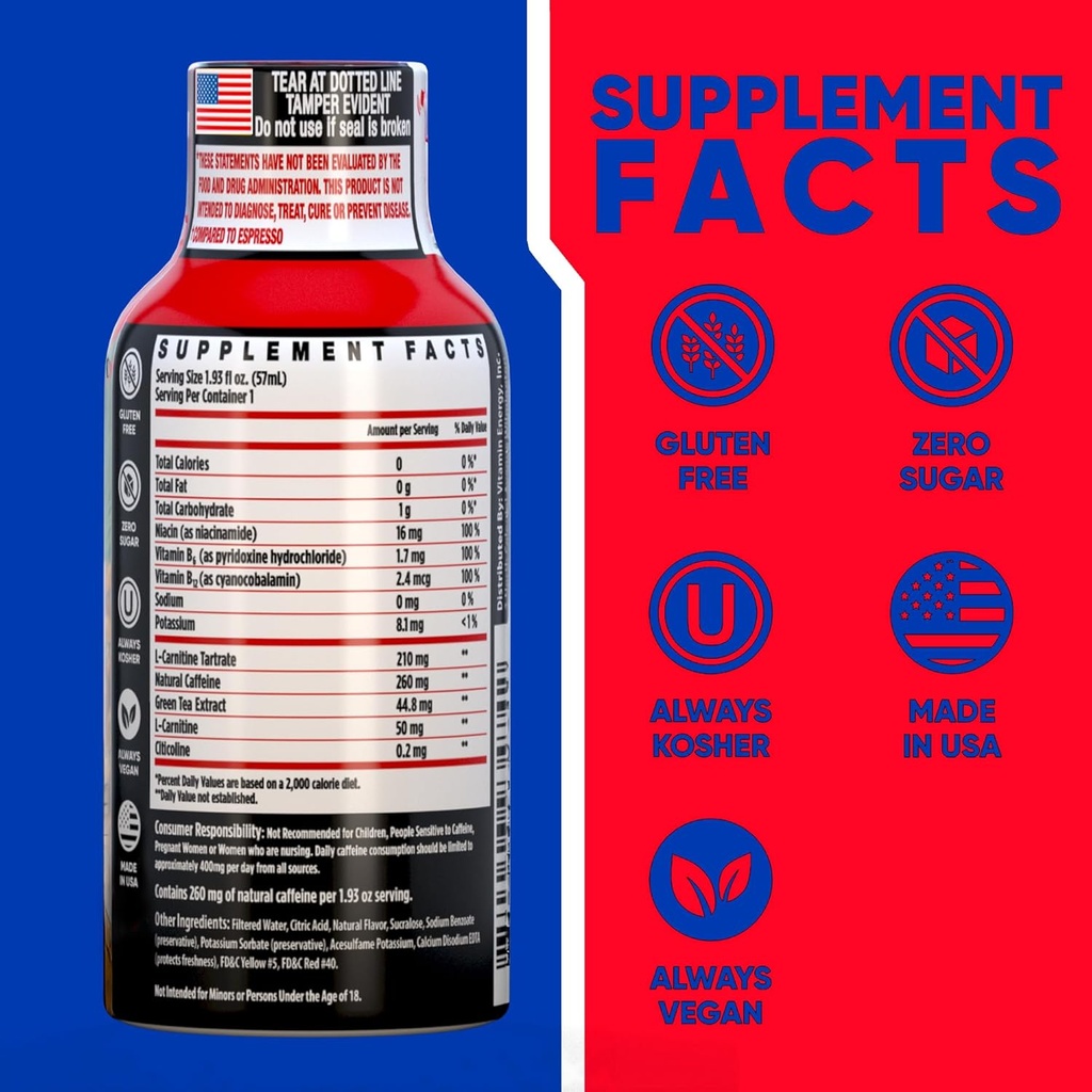 Vitamin Energy Focus+ Extra Strength Energy Shot Fruit Punch 12 Pack, 260mg Natural Caffeine, B-Vitamins, CoQ10, Amino Acids, Focus, Productivity & Clarity, Zero Sugar, Gluten-Free, 1.93 fl oz 3