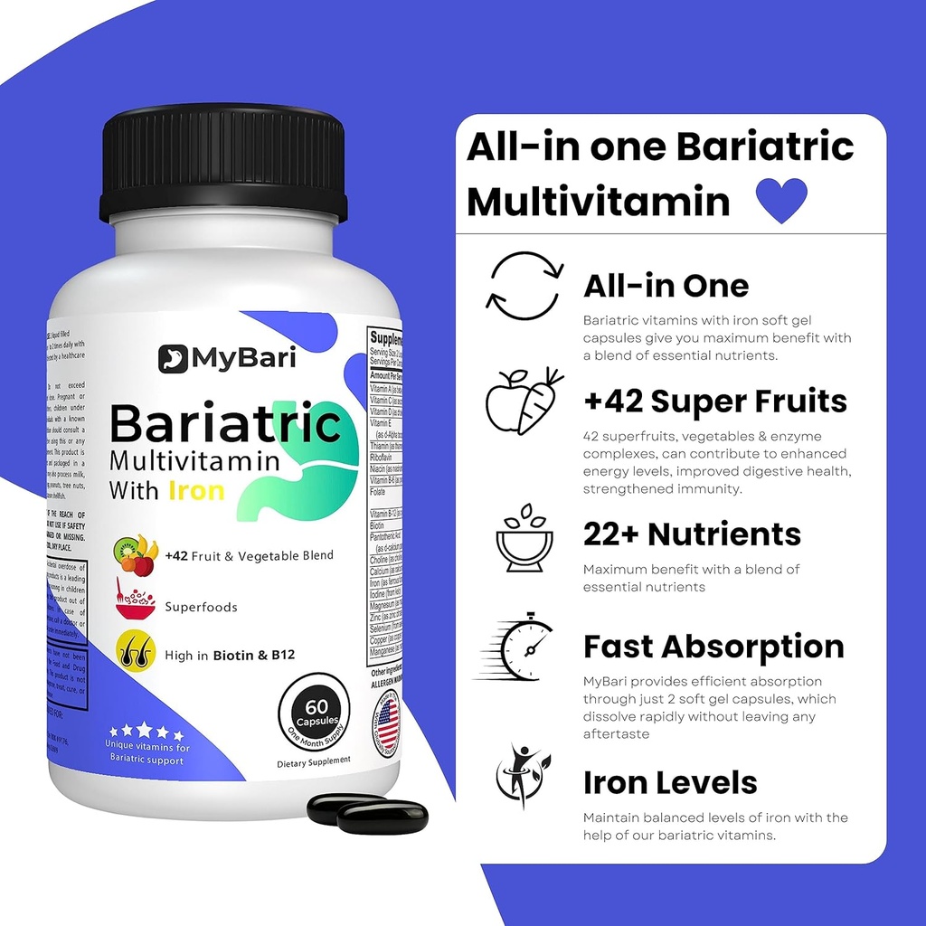All-in-One Bariatric Multivitamin with Iron - Made in USA - for Men & Women - Supports Gastric Sleeve & Bypass with 42+ Fruit & Veggie Blend - 60 Liquid Capsules 3