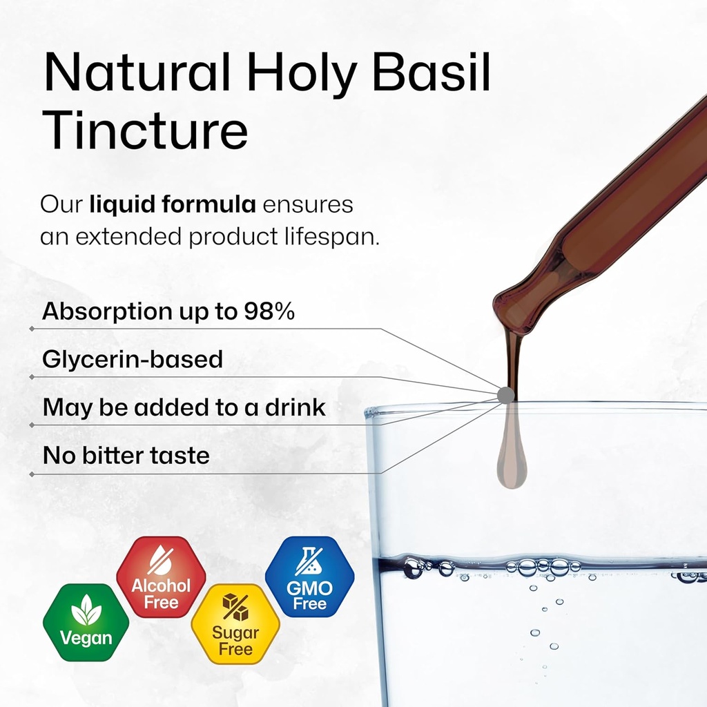 BIO KRAUTER Holy Basil Tincture - Tulsi Powder Liquid Extract - Supports Calmness and Relaxation - Ursolic Acid Supplement - Alcohol and Sugar Free - Vegan Drops 2 Fl.Oz. 5