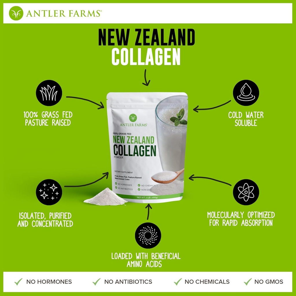 Antler Farms - 100% Pure New Zealand Collagen Powder from Grass Fed Cows, Unflavored, 1 lb - Hydrolyzed Cold Water Soluble Peptides, Keto Friendly, Bioavailable, Quick Dissolving 5