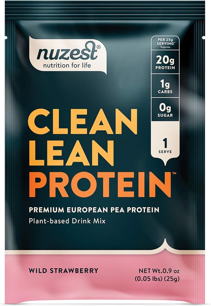 Nuzest - Pea Protein Powder - Clean Lean Protein, Premium Vegan Plant Based Protein Powder, Dairy Free, Gluten Free, GMO Free, Naturally Sweetened Protein Shake, Wild Strawberry, 1 Serving, 0.9 oz 2