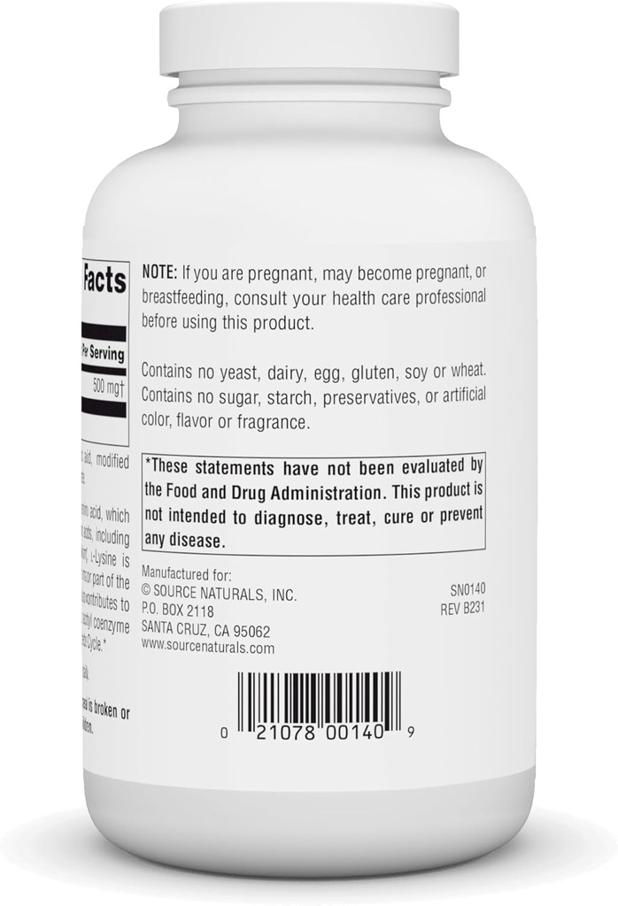 Source Naturals L-Lysine 500 mg Free Form - Amino Acid Supplement Supports Energy & Formation of Collagen* - 250 Tablets 4