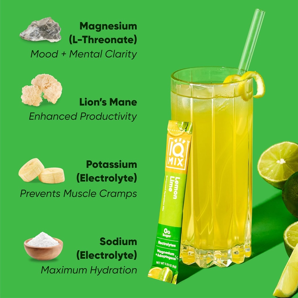 IQMIX Hydration Electrolyte Powder – 4-in-1 Formula for Hydration, Mental Clarity, Mood and Recovery – Sugar-Free Drink Mix, Keto, Magnesium L-Threonate, Lion’s Mane – 20 Count Lemon Lime 6