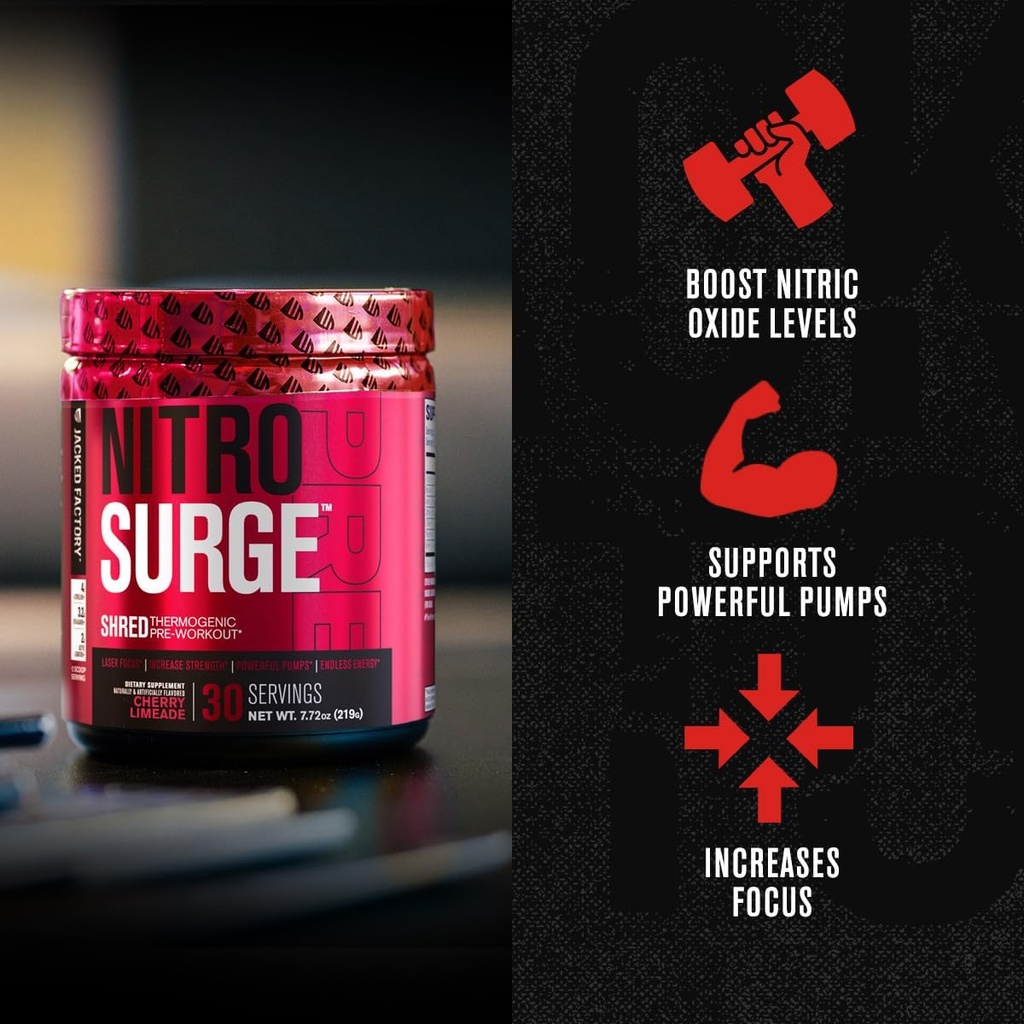 Jacked Factory Nitrosurge Pre-Workout in Cherry Limeade & Watermelon Nitrosurge Shred Thermogenic Pre-Workout for Men & Women 6