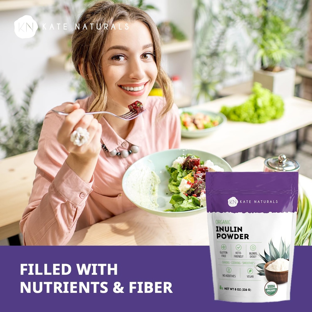 Kate Naturals Inulin Powder Organic from Blue Agave (8oz) Soluble Prebiotic Fiber for Coffee, Yogurt & Smoothies 6