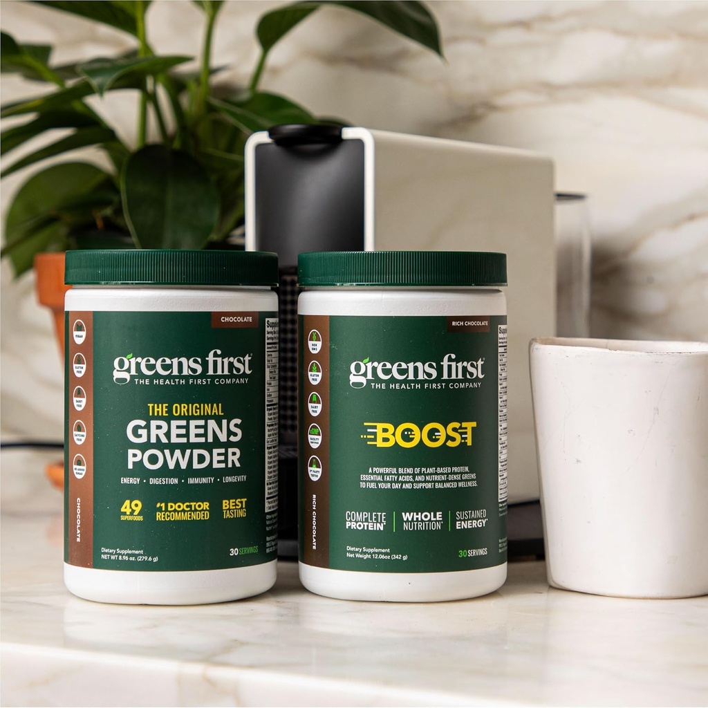 Greens First Boost - Plant-Based Protein & Balanced Nutrition - Superfood Shake Mix - No Wheat or Soy - Dairy-Free - Vegan - Dutch Chocolate, 12.28 oz. 5