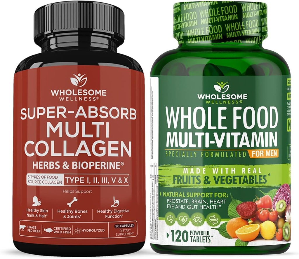 Wholesome Wellness Super-Absorb Multi Collagen Pills (Type I II III V X) Organic Herbs and Bioperine + Whole Food Multivitamin for Men - Natural Multi Vitamins, Minerals, Organic Extracts Bundle 2