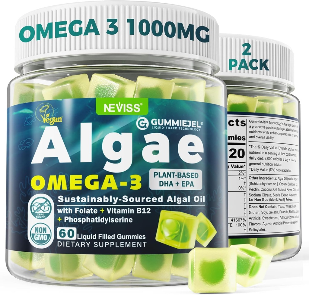 2 Pack Algae Omega 3 Gummies 1000mg, Plant Based DHA 460mg & EPA 230mg, Omega 3 Fish Oil Alternative for Adults, Plus MethylFolate, Vitamin B12, Phosphatidylserine, No Fishy Taste, Vegan, Sugar Free 2