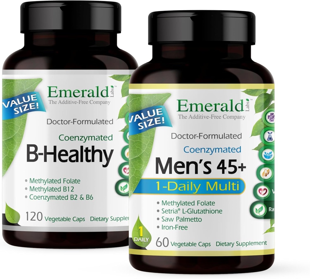 EMERALD LABS Bundle with B Healthy (120 Veg Caps) & Men's 45+ 1-Daily Multi (60 Veg Caps) - Vegan Vitamin B Complex with Full Spectrum B Vitamins - Men's Multivitamin with CoQ10, Lycopene & More 2