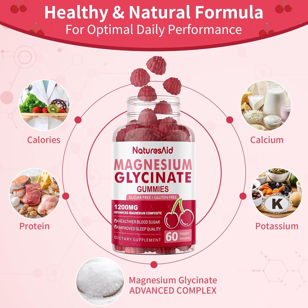 Magnesium Glycinate Gummies 1000mg - Sugar Free Magnesium Potassium Supplement with Vitamin D, B6, CoQ10 for Calm Mood & Sleep Support - 120 Cherry Gummies -2 Pack. 3