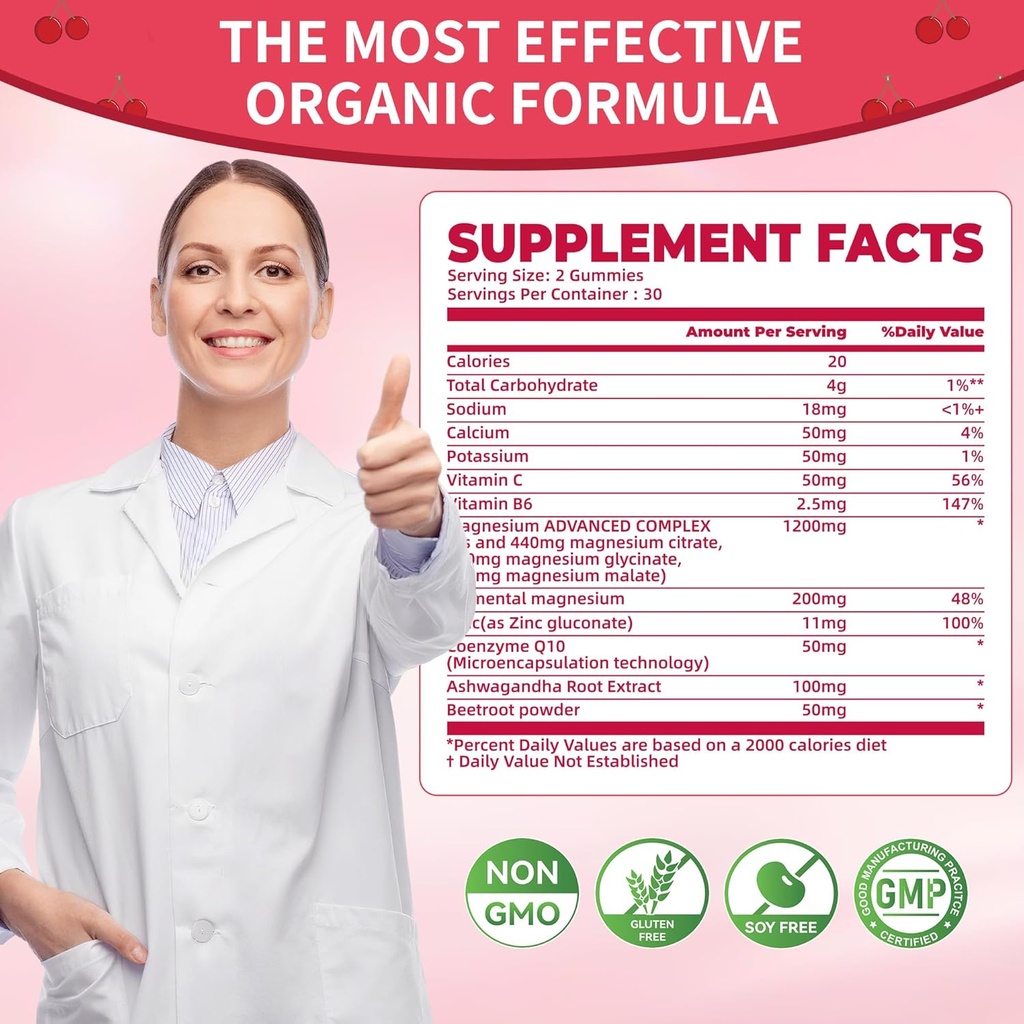 Magnesium Glycinate Gummies 1000mg - Sugar Free Magnesium Potassium Supplement with Vitamin D, B6, CoQ10 for Calm Mood & Sleep Support - 120 Cherry Gummies -2 Pack. 5