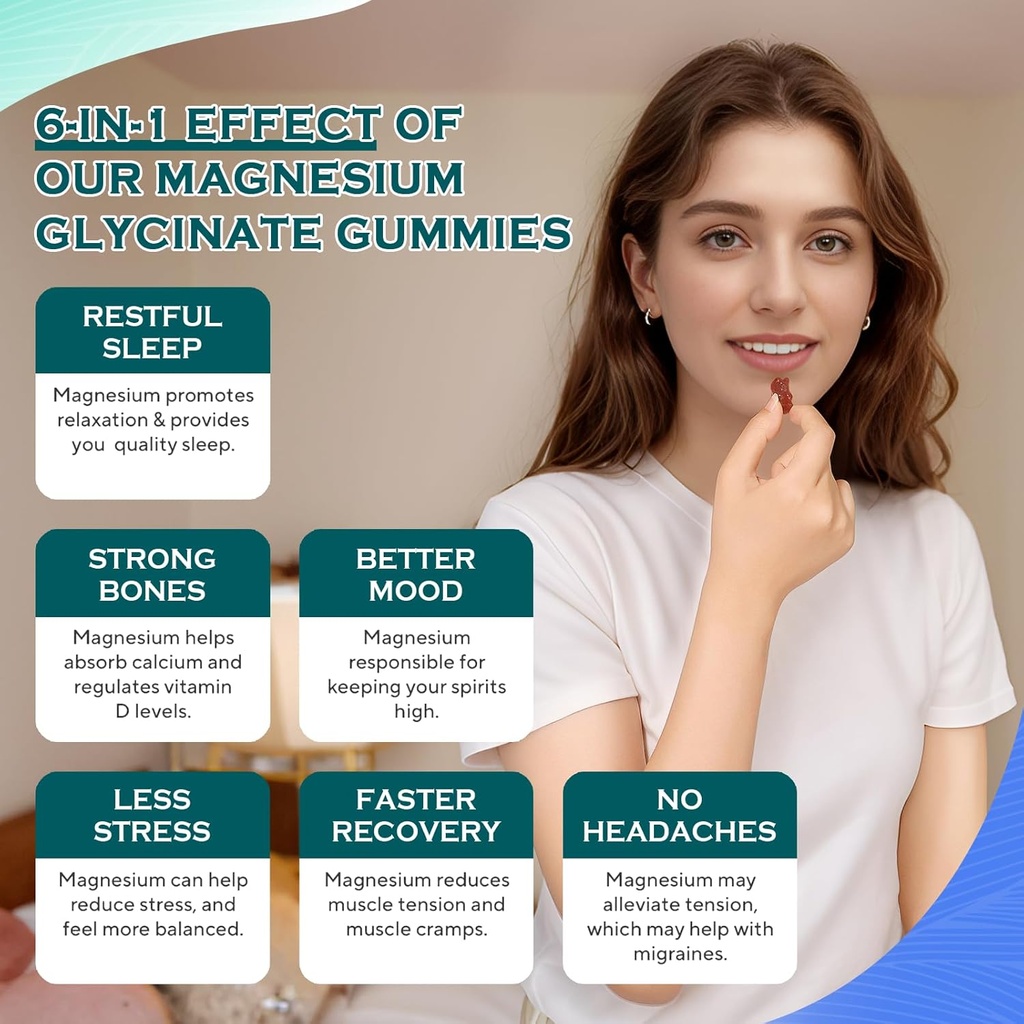 Magnesium Glycinate Gummies 1000mg - Sugar Free Magnesium Potassium Supplement with Vitamin D, B6, CoQ10 for Calm Mood & Sleep Support - 60 Blueberry Gummies 4