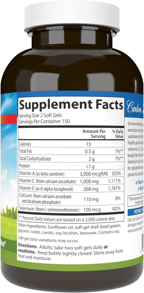 Carlson - ACES, Vitamins A, C, E + Selenium, Cellular Health & Immune Support, Antioxidant, 300 Softgels 3