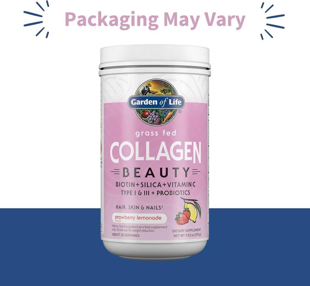 Garden of Life Grass Fed Collagen Beauty - Strawberry Lemonade, 20 Servings, Powder for Women Men Hair Skin Nails, Hydrolyzed Collagen Peptides Protein Powder Supplement 3