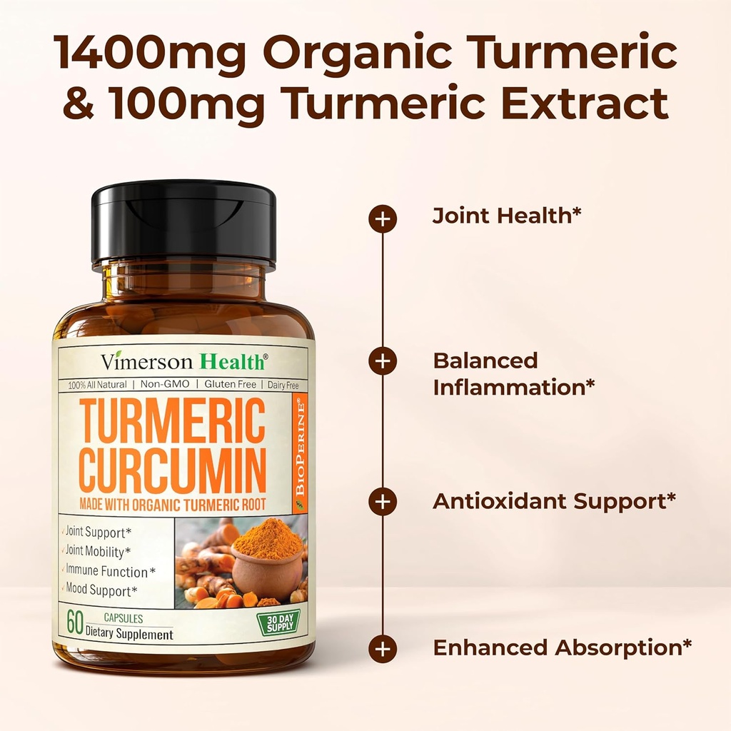 Turmeric Curcumin Supplement with Black Pepper Extract - High Potency Organic Turmeric 1400mg & 95% Curcuminoids for Joint & Digestive Health - Joint Support Supplement - 60 Vegan Curcuma Capsules 6