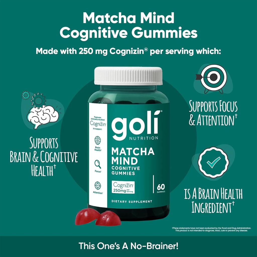 Goli Matcha Mind Gummies - 300 Count - Green Tea Leaves Powder with Cognizin for Focus, Attention and Brain Health, Vegan, Non-GMO, Gluten-Free & Gelatin Free. 5