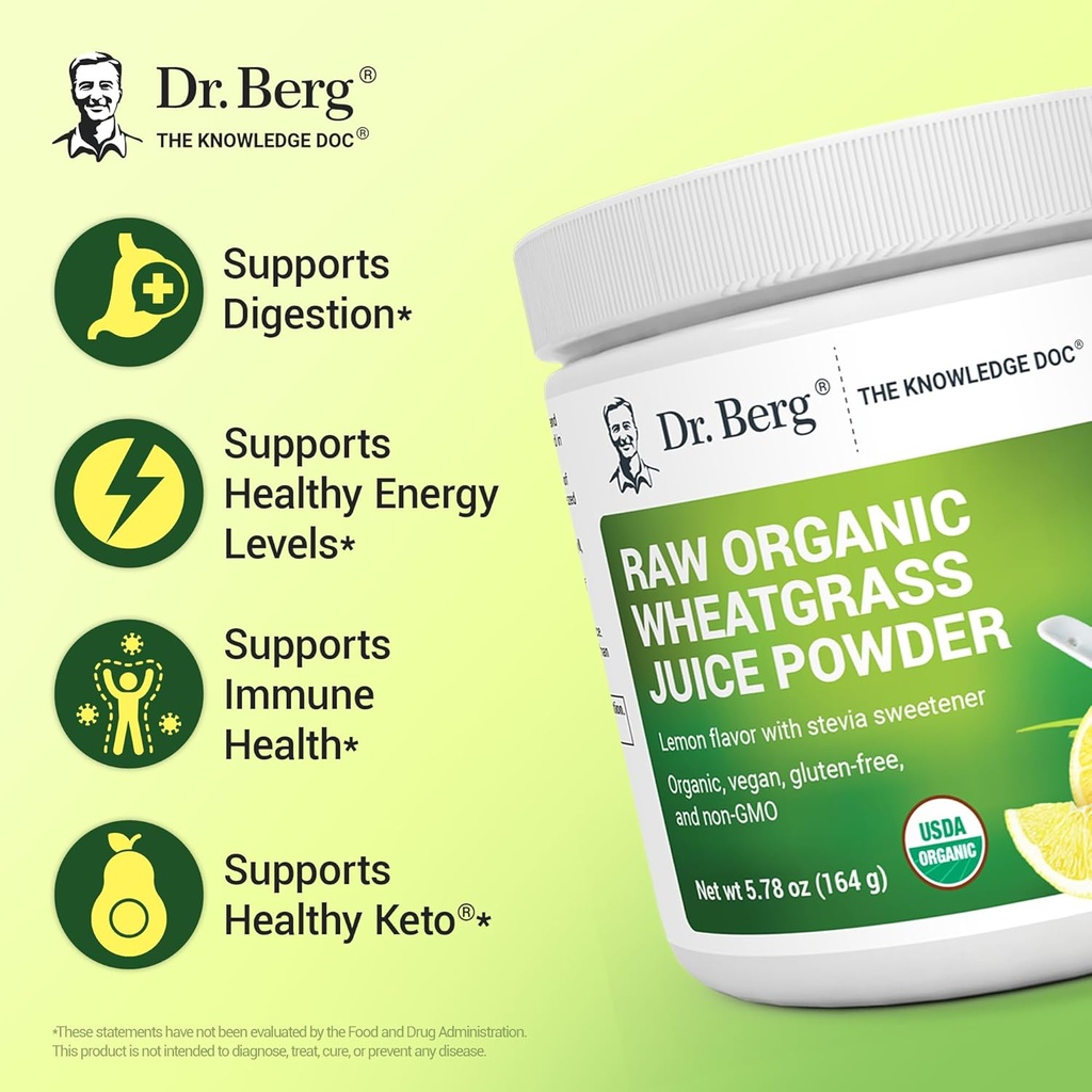 Dr. Berg USDA Certified Organic Green Powder Superfood (60 Servings) - Made with Raw Wheatgrass, Chlorophyll, Trace Minerals & Natural Enzymes - Non-GMO Green Superfood Powder - Lemon Flavor 4