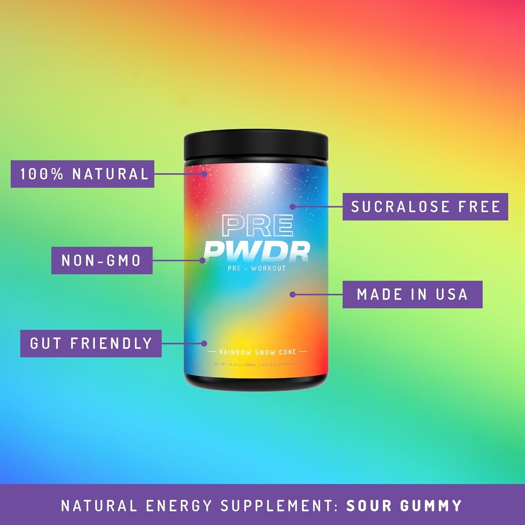 PWDRS Pre-Workout Powder, All Natural Pre Workout for Energy, Pump, Endurance & Strength, with Caffeine (Rainbow Snowcone) 3