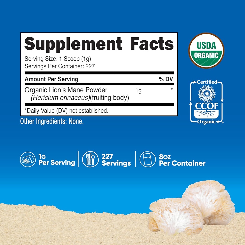 Nutricost Organic Lion's Mane Mushroom Powder (8 oz) - 227 Servings, Certified USDA Organic Supplement 3