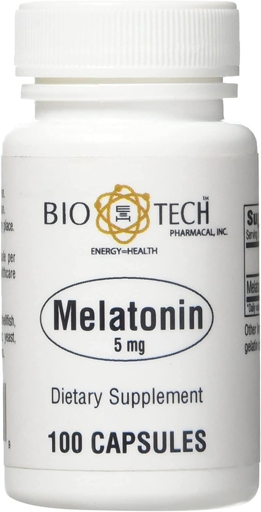 Bio-Tech Pharmacal Melatonin (5 mg), 100 Capsules – All-Natural Supplement – Support Sleep, Cardiovascular, Immune, & Bone Health – No Dairy, Fish, Gluten, Peanut, Shellfish, GMOS, & Soy – No 2
