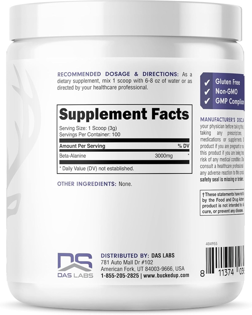 Bucked Up Beta Alanine 300mg Powder, Non-GMO, Gluten-Free, Unflavored (100 Servings) 4