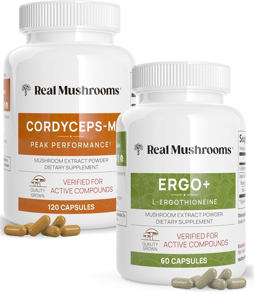Real Mushrooms Ergothioneine (60ct) and Cordyceps-M (120ct) Bundle with Shiitake and Oyster Mushroom Extracts - Longevity and Energy - Vegan, Gluten Free, Non-GMO - Natural Support for Healthy Aging 2