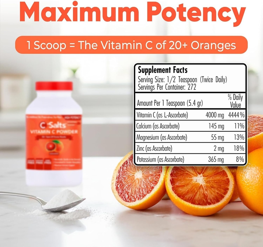 C-Salts Vitamin C Powder Supplement - 100% Pure High Dose Buffered Vitamin C Powder for Immune Support - Organic, Sugar-Free, Vegan, Non-GMO, Stomach-Friendly, Blood Orange 26oz 4