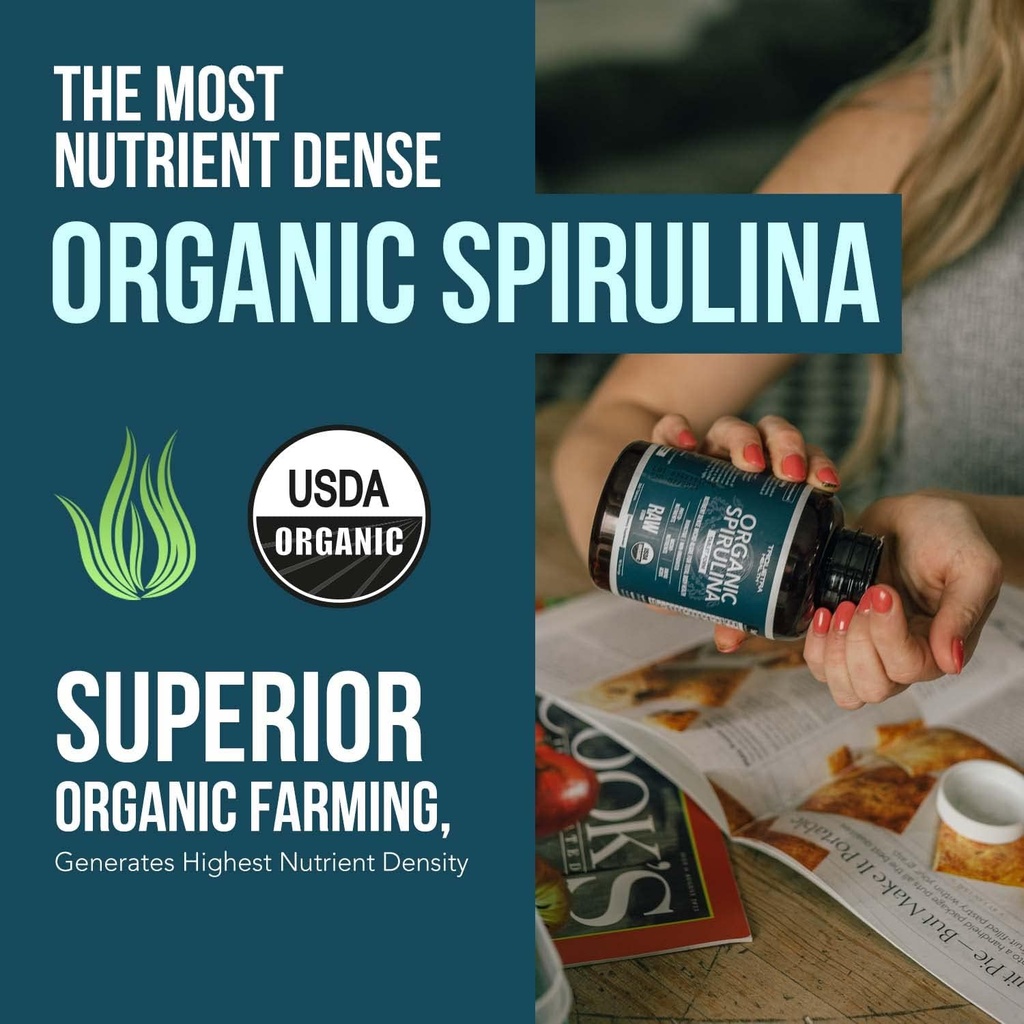 Organic Spirulina Tablets (360 Tablets) - Made with Parry® Spirulina, The Best Spirulina in The World, Highest Nutrient Density - Non-Irradiated, 3 Organic Certifications (90 Servings) 3