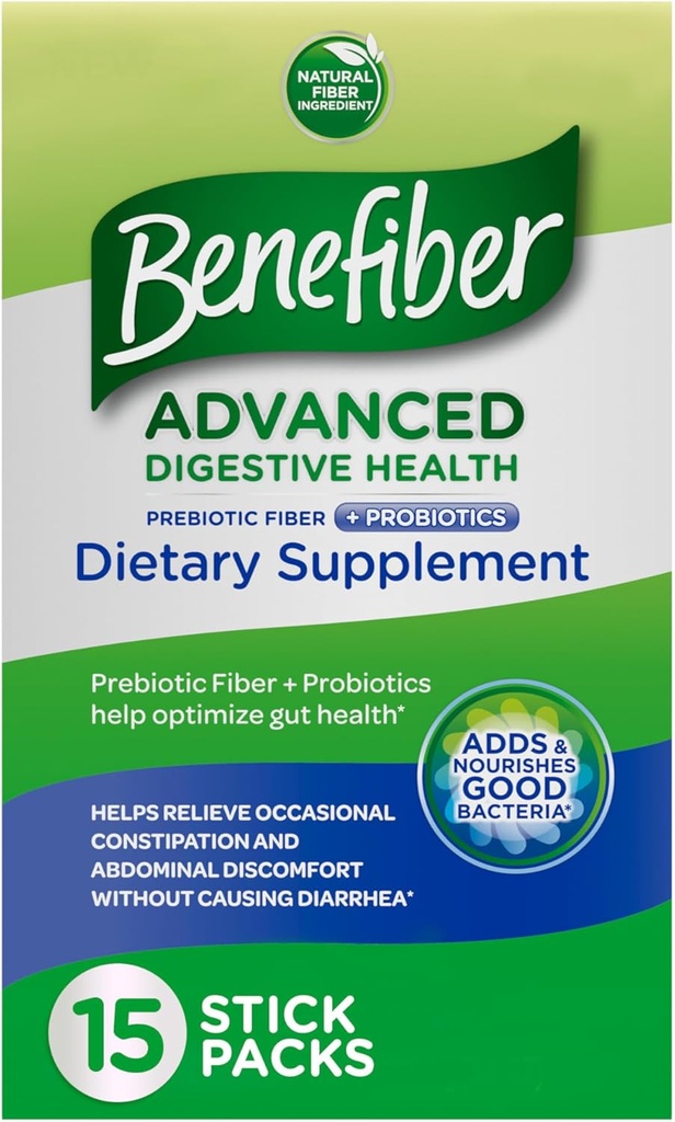 Benefiber Advanced Digestive Health Prebiotic Fiber Supplement Powder with Probiotics for Digestive Health, Low FODMAP – 15 Sticks (3.0 Ounces) 2