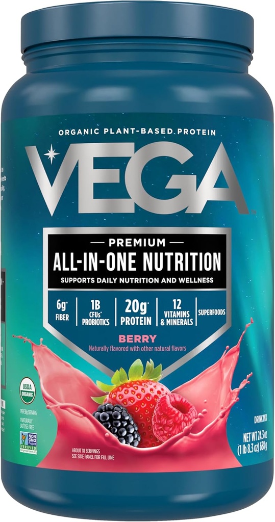 Vega All in One Nutrition Organic - 20g Plant-Based Pea Protein, Berry, 20 Servings, Vitamins A & C, Probiotics, Greens, Vegan, Keto, Gluten Free, 24.3oz (Packaging May Vary) 2