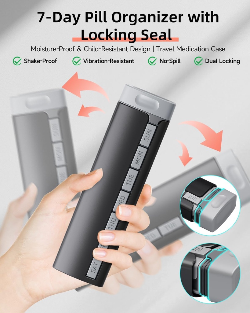 Travel Pill Organizer Weekly, 1 Time a Day ，Upgrade Premium Aluminum Alloy Daily Pill Box 7 Day, Portable Metal Pill Case, Cute Pill Holder to Hold Vitamins, Medicines, Pills, Supplements (Black) 5
