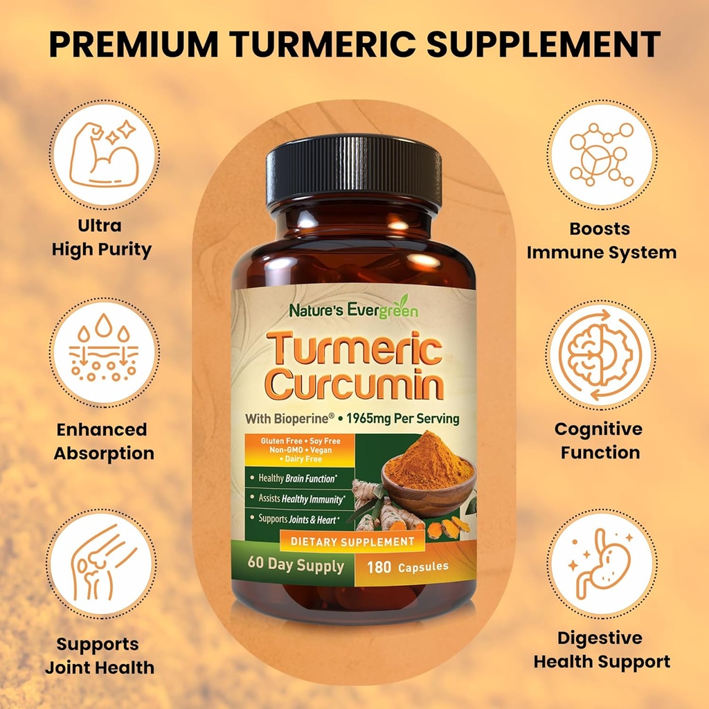 Turmeric Curcumin with Black Pepper Extract (Bioperine) & Organic Turmeric Vegan Joint Support Supplement. Extract 95% Curcuminoids 1965mg Supplement for Healthy Joints & Immune Support. 180 Capsules 4