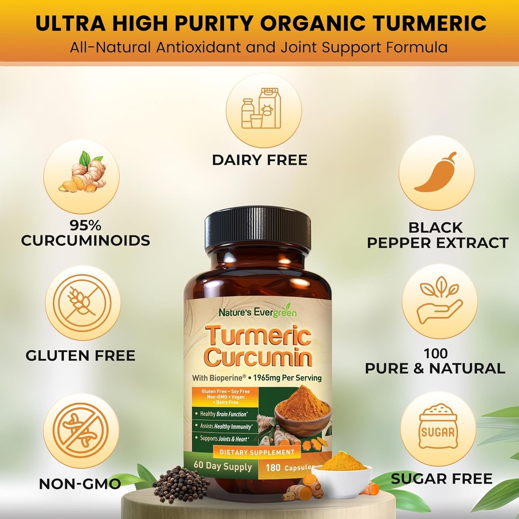 Turmeric Curcumin with Black Pepper Extract (Bioperine) & Organic Turmeric Vegan Joint Support Supplement. Extract 95% Curcuminoids 1965mg Supplement for Healthy Joints & Immune Support. 180 Capsules 6