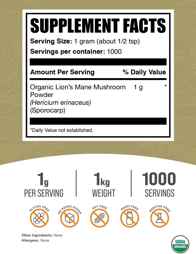 BulkSupplements.com Organic Lions Mane Mushroom Powder - Lions Mane Powder, Mushroom Supplement - Vegan & Gluten Free, 1g per Serving, 1kg (2.2 lbs) (Pack of 1) 3