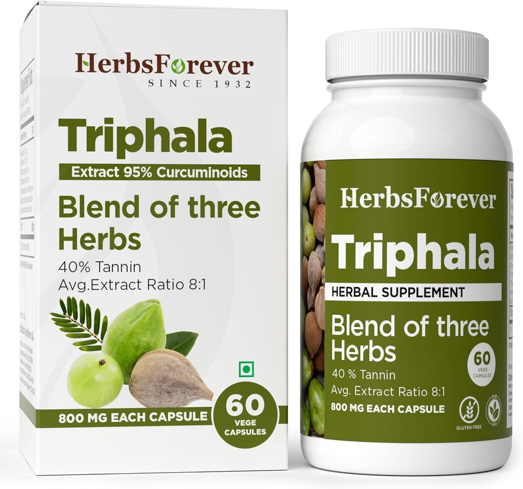 Herbsforever Triphala Capsules Extract Ratio (8:1) 40% Amla, Haritaki & Bibhitaki for Daily Detoxifying, Cleansing, & Rejuvenating 60 Vege Capsules 2