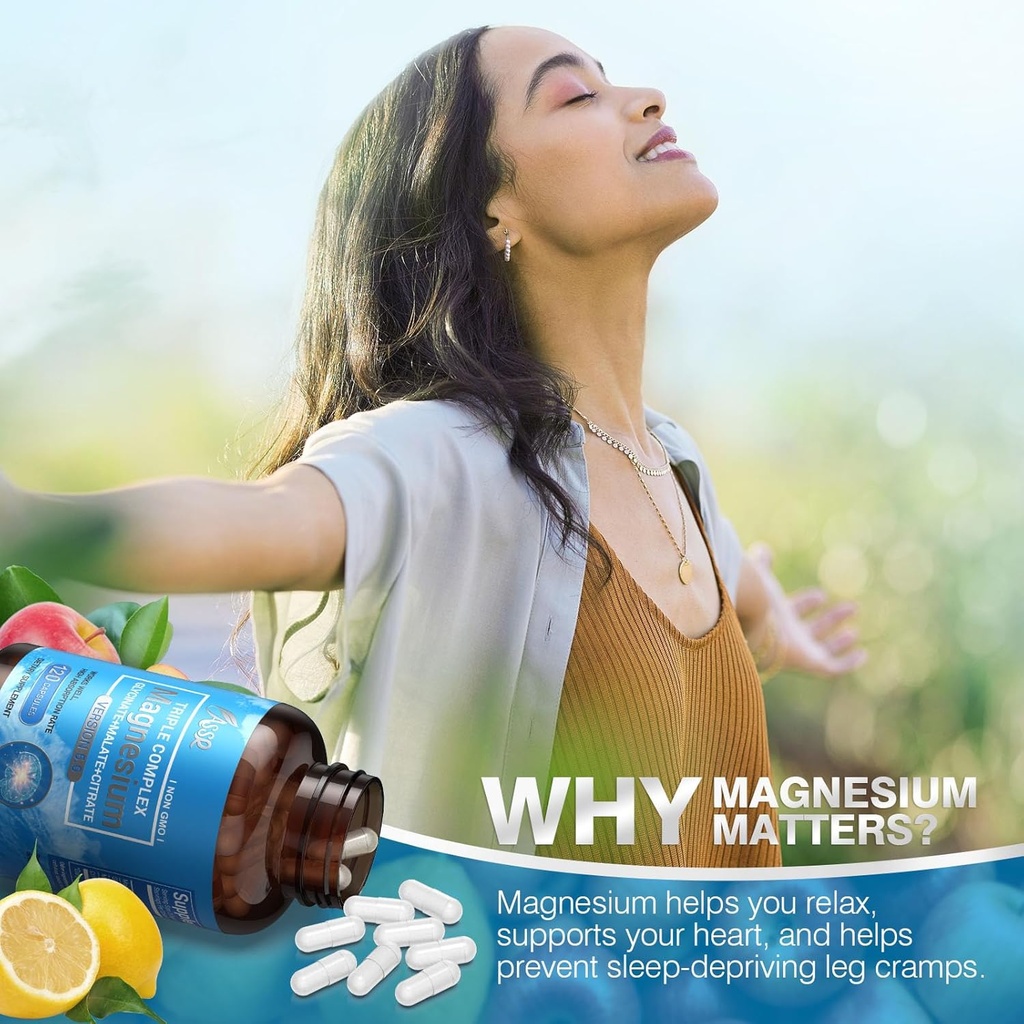 ASSR Triple Magnesium Complex – 300mg Magnesium Supplement with Glycinate, Malate & Citrate – Supports Relaxation, Muscle & Nerve Function – High Absorption, Vegan, Non-GMO, 120 Capsules 6