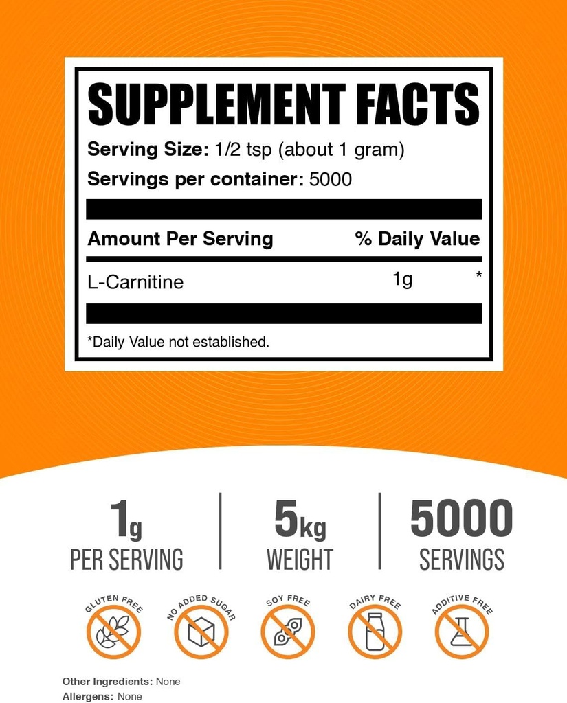 BulkSupplements.com L-Carnitine Powder - Carnitine Supplement, Amino Acid Supplement - Unflavored & Gluten Free, 1g per Serving, 1kg (Pack of 5) (11 lbs) 3