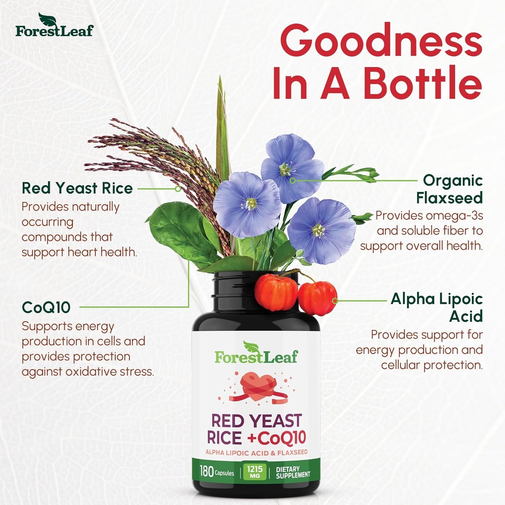 ForestLeaf Red Yeast Rice with CoQ10 Supplement - 1215mg Extra Strength Red Yeast Rice Capsules with Alpha Lipoic Acid & Organic Flaxseed, Citrinin Free - 180 Capsules 4