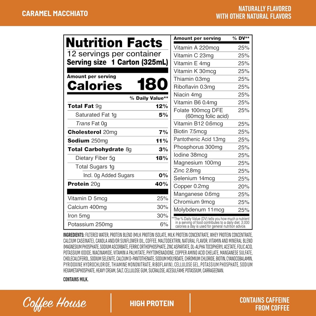SlimFast Protein Shake with Caffeine, Caramel Macchiato- 20g Protein, Meal Replacement Shakes, High Protein with Low Carb and Low Sugar, 24 Vitamins and Minerals, 12 Count (Pack of 1) 5
