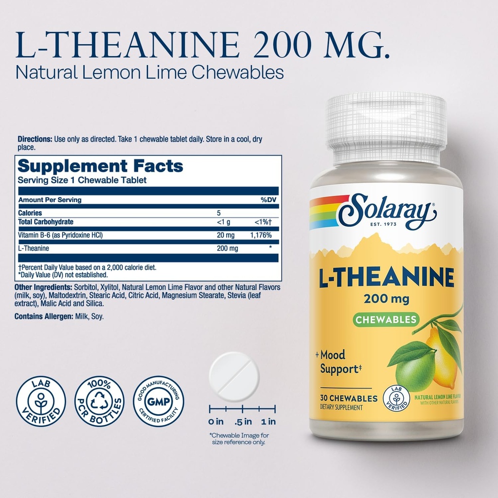 SOLARAY L Theanine 200mg, Mood Support Supplement with Vitamin B6 - Calming Support During Occasional Stress - Natural Lemon Lime Flavor - 60-Day Guarantee, Lab Verified - 30 Servings, 30 Chewables 3