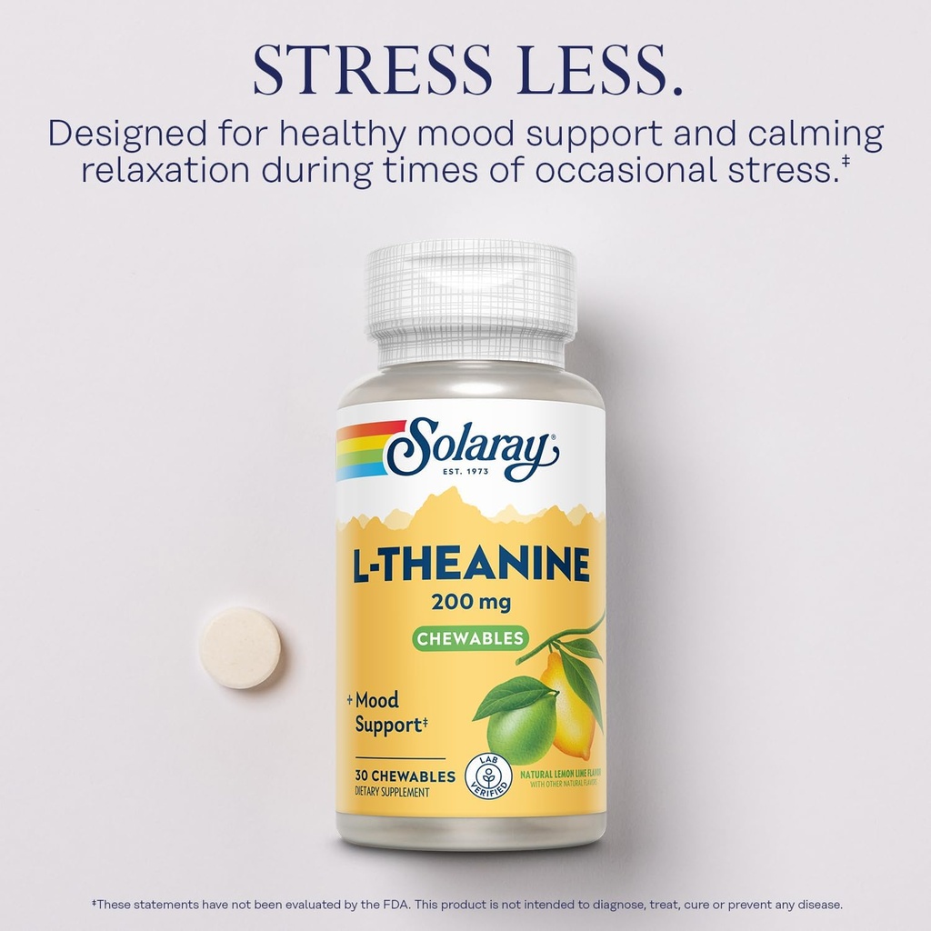 SOLARAY L Theanine 200mg, Mood Support Supplement with Vitamin B6 - Calming Support During Occasional Stress - Natural Lemon Lime Flavor - 60-Day Guarantee, Lab Verified - 30 Servings, 30 Chewables 4