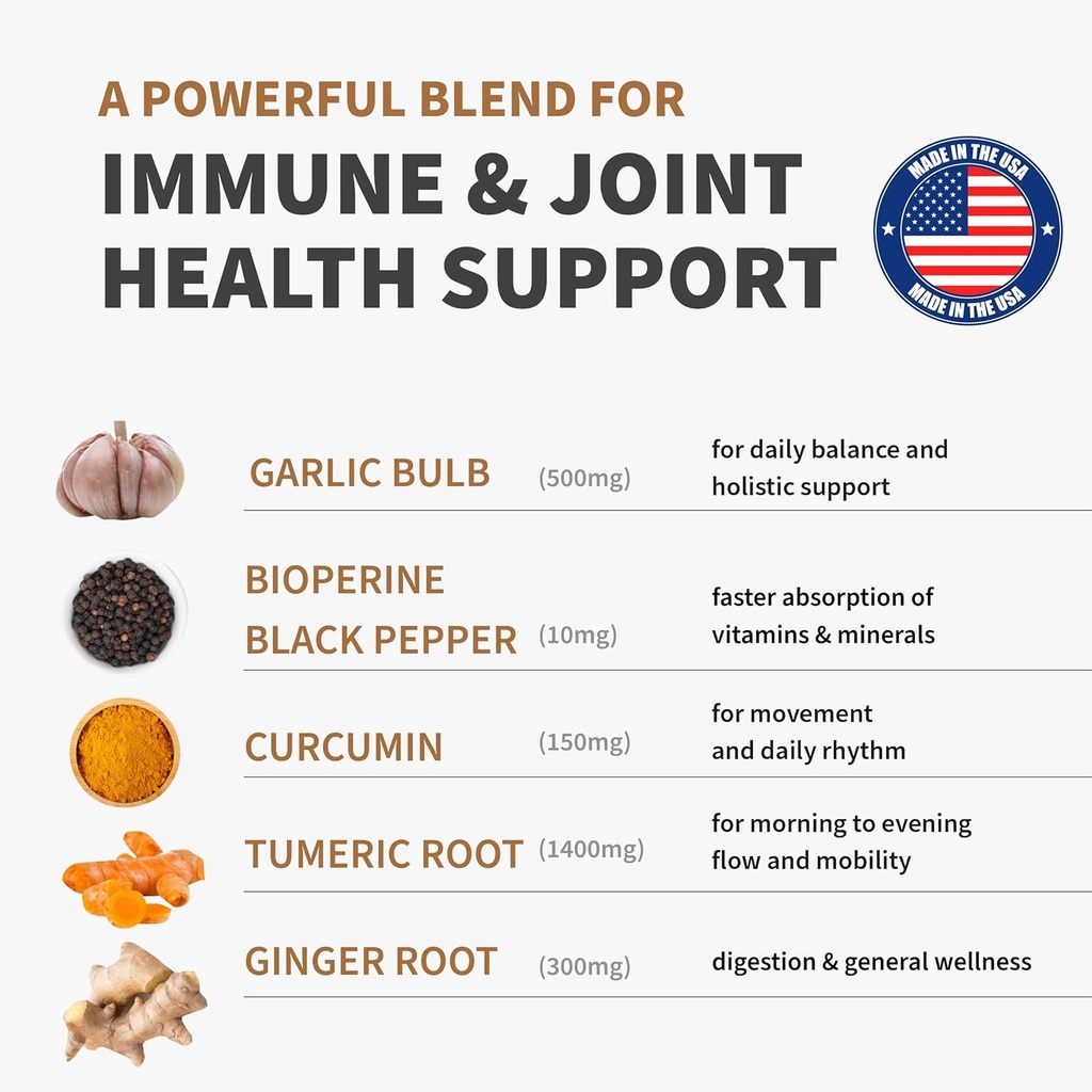4-in-1 Turmeric and Garlic Supplements with BioPerine – 2360mg Turmeric Ginger Root Capsules with Garlic – High Potency Herbal Blend (120 ct, Pack of 2) 4