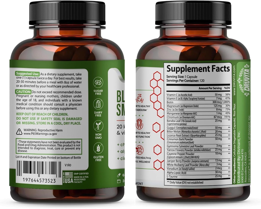 Blood Sugar Smarts - 20 Key Herbs, Minerals & Vitamins - with Chromium, Alpha Lipoic Acid, Cinnamon & Bitter Melon, for Men Women- Non-GMO Natural- 120 Capsules 60 Day Supply 4