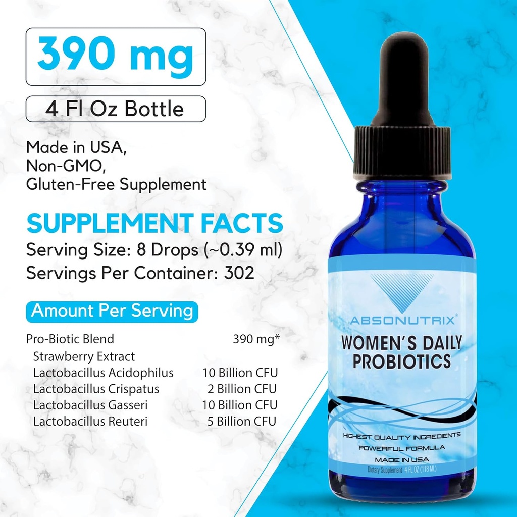 Absonutrix Women’s Daily Probiotics 390 mg, 4 Oz Liquid, 302 Servings, Made in USA, Quick Absorption, Quality Potent Ingredients, Non-GMO, GMP Certified Facility, Cruelty-Free Products 3