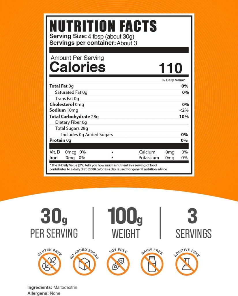 BulkSupplements.com Maltodextrin Powder - Maltodextrin Supplement for Energy Boost, Food Grade - Unflavored & Gluten Free, 30g per Serving, 100g (3.5 oz) (Pack of 1) 3