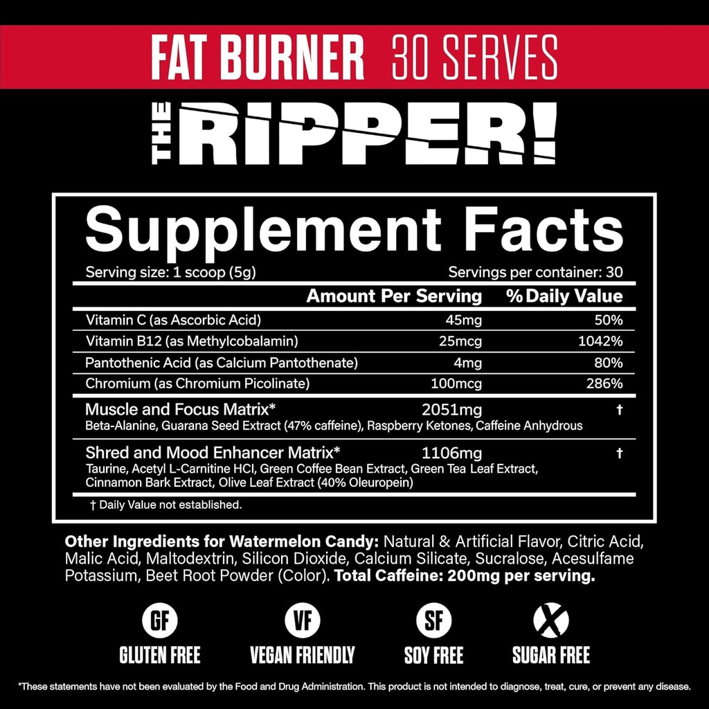 JNX SPORTS The Ripper! Shredding Thermogenic Fat Burner - Watermelon Candy 30 Servings | Advanced Fast Acting Thermogenic Pre-Workout, Appetite Suppressant for Men & Women 3