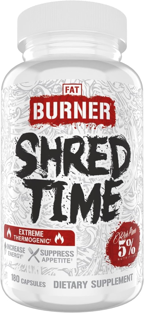 5% Nutrition Shred Time Fat Burner | Green Tea, Coffee Bean, Cayenne, Theobromine, GBB | Appetite Suppression | 30 Servings (180 Capsules) 2