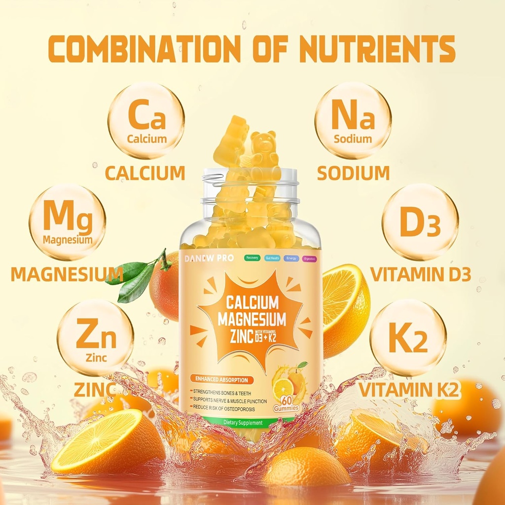 Calcium Magnesium Zinc Gummies with Vitamin D3 & K2 - High Potency Enhanced Absorption -60 Orange Gummies 3