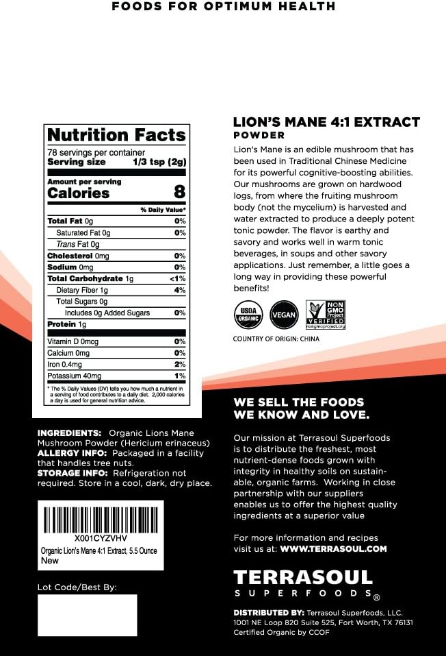 Terrasoul Superfoods Organic Lion's Mane Mushroom Powder (4:1 Extract), 11 Ounces 3